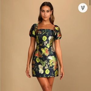 Lulus Navy Blue Floral Jacquard Puff Sleeve Mini Dress, Size Small